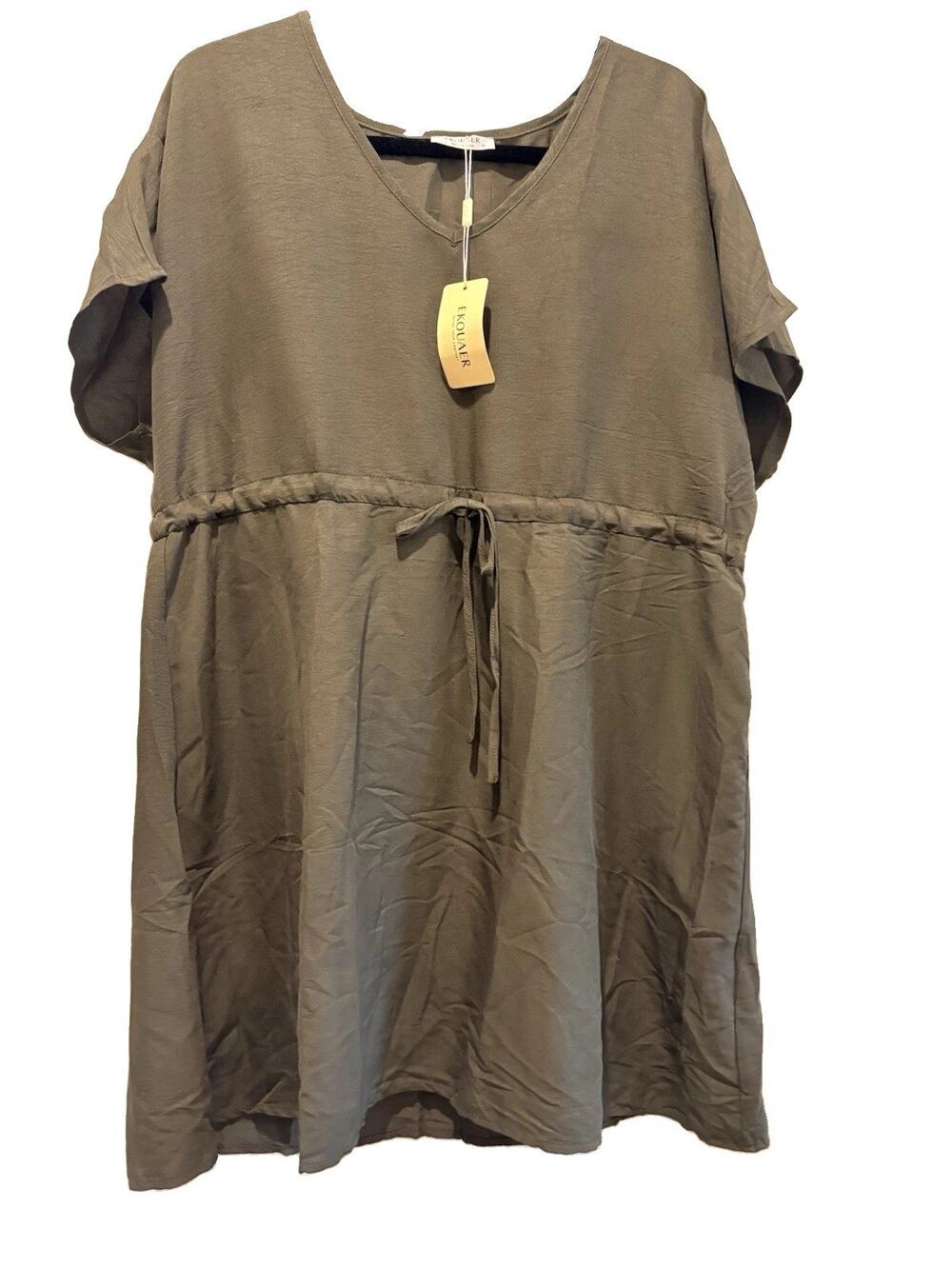 EKOUAER NWT Green Solid V-Neck Drawstring Waist Cap Sleeve Shift Dress XL